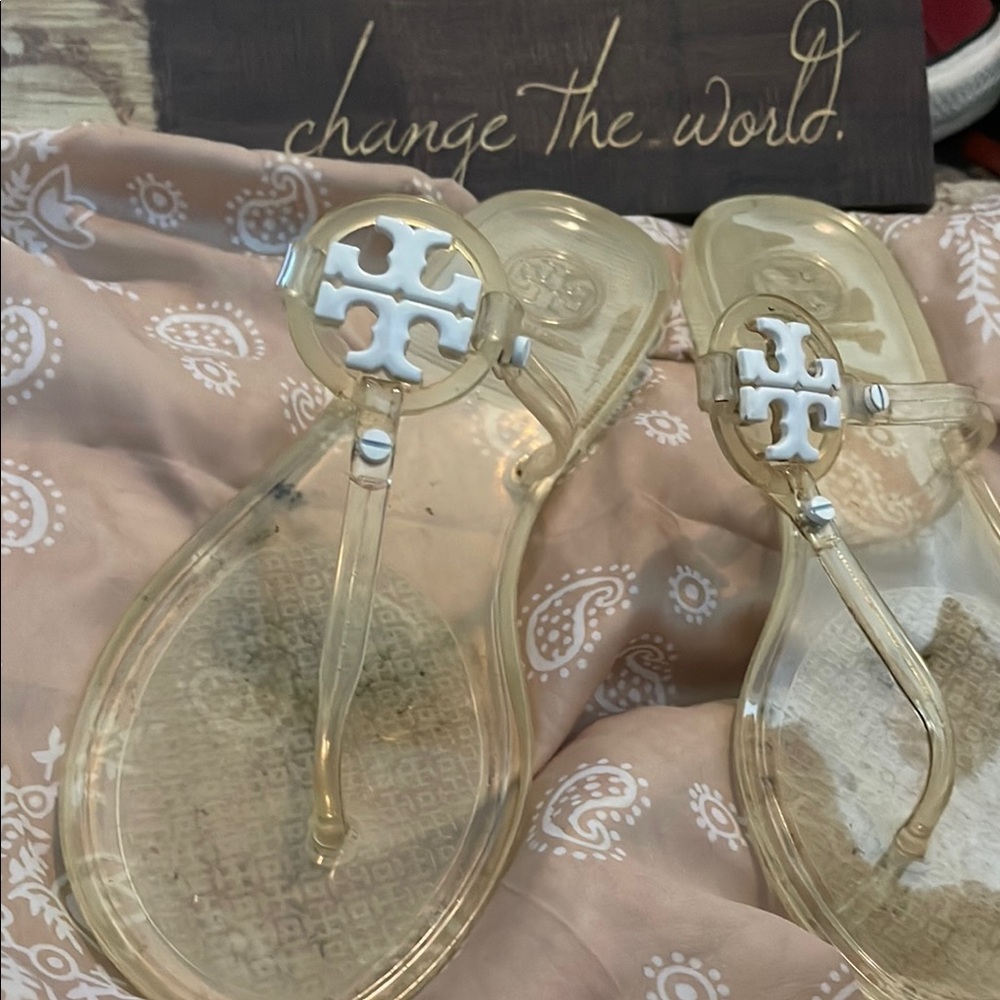 Tory Burch Gold and Clear Logo Sandals
